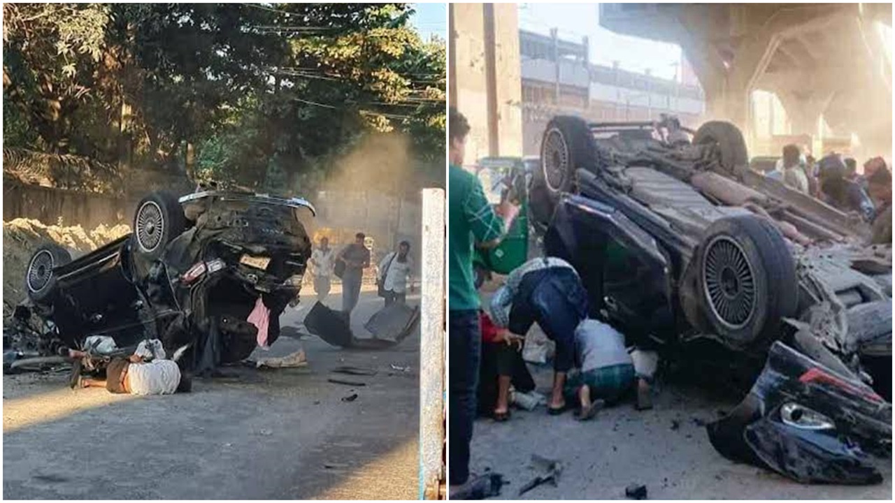 এক্সপ্রেসওয়ের রেলিং ভেঙে নিচের সড়কে গাড়ি 